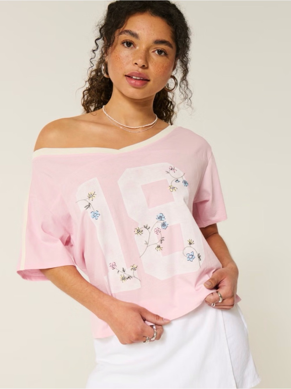 Hollister Pink Off-Shoulder Tee with White Floral Number 18 size XL